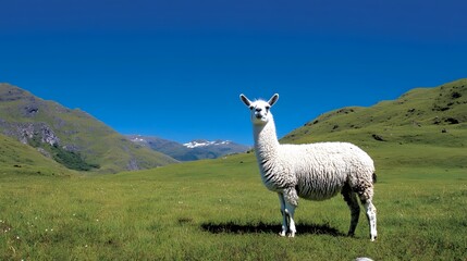 Fototapeta premium Captivating alpaca standing amidst lush green meadow with majestic snow capped Andes mountains in the background This tranquil