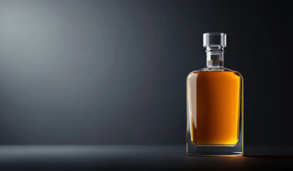 stunning photograph of glass bottle filled with amber liquid, showcasing its elegant design and rich color against dark background. lighting highlights bottle contours beautifully