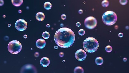 Floating Soap Bubbles with Rainbow Reflections Against Dark Background Abstract