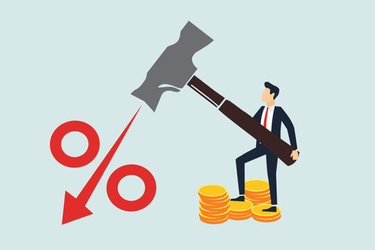 Federal Reserve low interest rate or central bank with long time zero percent interest rate until economic recover concept, businessman FED leader using hammer to nailed percentage sign to the floor