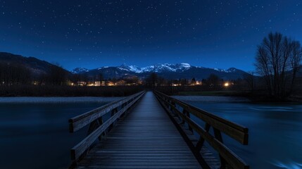 Serene Night at the Bridge: A Starry Mountain Lake View