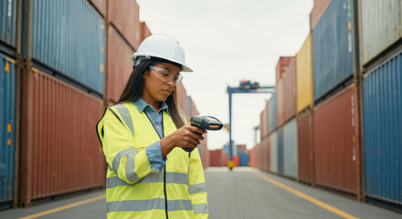 A woman in a yellow vest is holding a bar code scanner