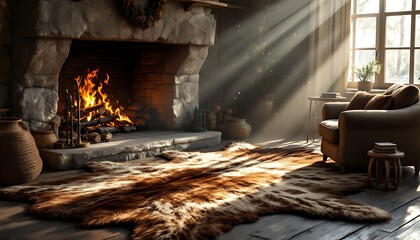 Obraz premium Cozy Living Room Scene with Fireplace, Armchair, and Fur Rug