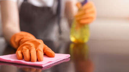 Unrecognizable Woman Wiping Dust From Table With Rag And Sprayer Detergent, Closeup
