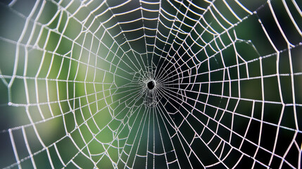 Obraz premium close up shot of intricate spider web showcasing delicate patterns and fine details, set against blurred green background, evokes sense of nature artistry