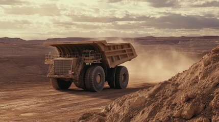 Obraz premium Mining truck on dusty road in open pit mine at sunset
