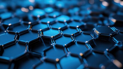 Obraz premium Close-up of solar cell texture with hexagonal patterns, macro photography, metallic blue surface, laboratory lighting,
