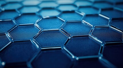 Naklejka premium Close-up of solar cell texture with hexagonal patterns, macro photography, metallic blue surface, laboratory lighting,