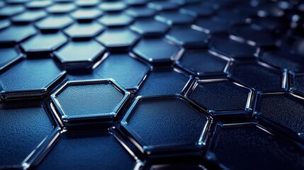 Fototapeta premium Close-up of solar cell texture with hexagonal patterns, macro photography, metallic blue surface, laboratory lighting,