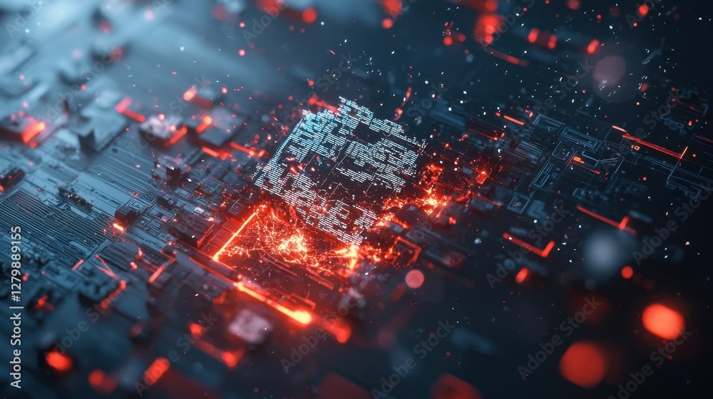 Fototapete a glowing cyber graph with sharp angles, displaying a broken stock trend with digital details and ro
