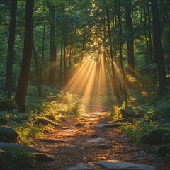 Fototapeta premium Sunbeams illuminate a forest path.