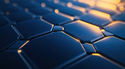 Fototapeta premium Close-up of solar cell texture with hexagonal patterns, macro photography, metallic blue surface, laboratory lighting,