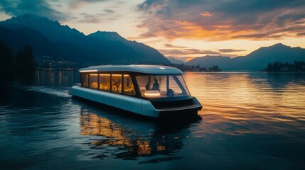 Modern boat on lake at sunset, scenic mountain backdrop, potential travel or leisure use