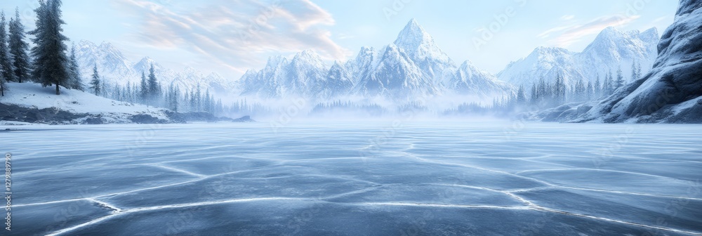 Poster low fog hovering over a frozen lake reflects majestic snow capped mountains, creating a serene winte