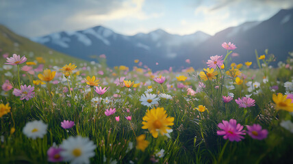 Obraz premium Exploring Alpine Meadows Filled with Colorful Wildflowers in Full Bloom