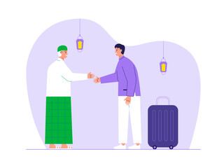 Muslim man going on travel in ramadan Illustration. Eid illustration. Flat vector illustration concept.