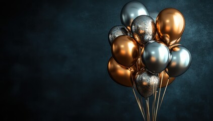 A Stunning Arrangement of Shiny Gold, Silver, and Glittering Bronze Balloons Floating Against a Dark, Textured Background for Celebratory Events