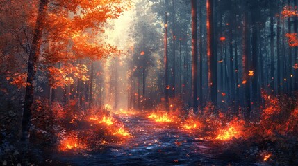 Autumnal forest path ablaze with fire. Ideal for fantasy, mystical, or Halloween themed projects.