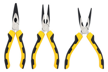 set yellow black pliers, plier tool isolated white background. industry tools	
