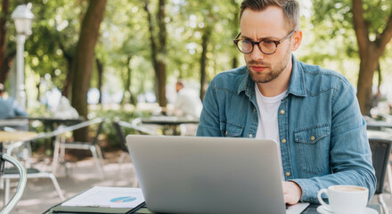 Fototapeta premium A man is sitting at a table with a laptop and a cup of coffee