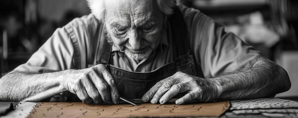 Fototapeta premium Classic black and white portrait of an elderly craftsman working with leather, hands detailed with years of skill and dedication