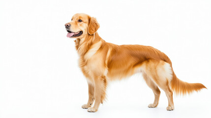 Golden retriever standing on white background, showcasing its friendly demeanor and beautiful coat. This breed is known for its loyalty and playful nature