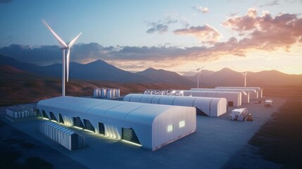 Modern wind energy facility at sunset