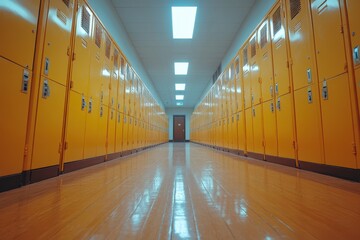 Long hallway lined with bright orange lockers. Perfect for themes of school, education, or storage.
