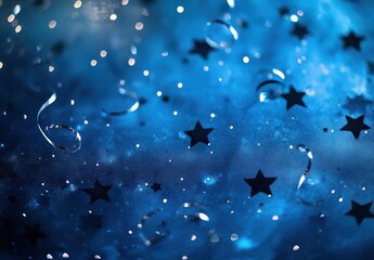 Abstract blue background with sparkling stars and silver ribbons, perfect for celebrations, events, and creative projects, conveying a sense of wonder and joy.