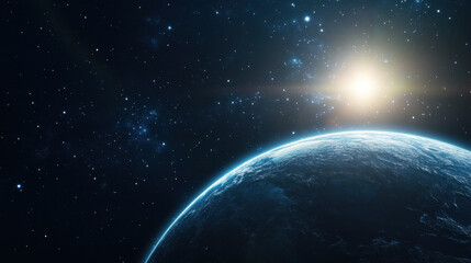 Obraz premium stunning view of distant planet in space, illuminated by bright sun, surrounded by stars and cosmic dust, evoking sense of wonder and exploration