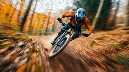Naklejka premium Mountain biker rides a trail in autumn forest. Possible use Stock photo for outdoor recreation