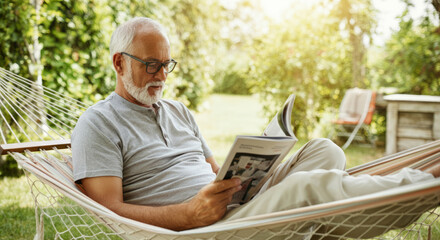 An older man is reading a magazine while lying in a hammock