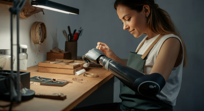 A woman with a prosthetic arm is working on a piece of jewelry