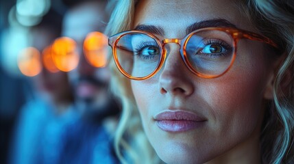 A woman wearing glasses looks towards the viewer with interest