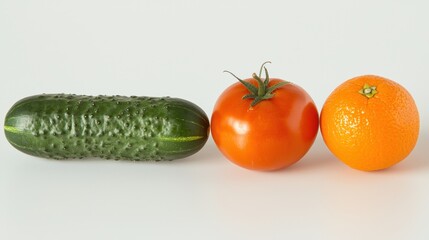A healthy collection of fresh vegetables and fruits such as tomatoes, cucumbers, and oranges on a clean white backdrop.