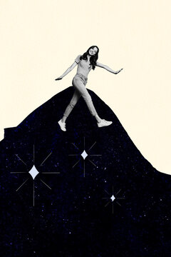 Art image vertical photo collage of happy girl stand dark night sky stars bedtime sleepwalker dream recreation weekend relax