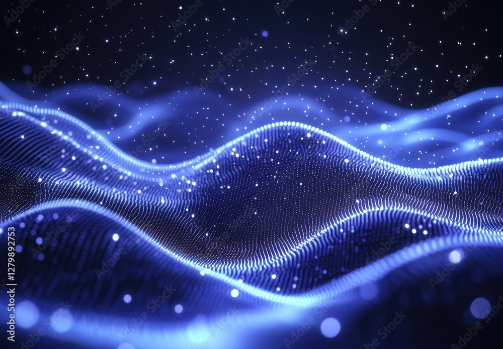 Poster abstract digital landscape with flowing waves of light and particles in deep blue tones, creating a 