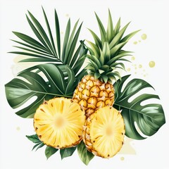 Fototapeta premium Fresh and Tropical Pineapple with Green Palm Leaves and Exotic Foliage Ideal for Nature and Food Themes