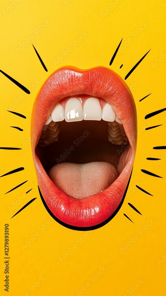 Poster contemporary art collage featuring a wide open mouth with glossy red lipstick shouting on a vibrant 