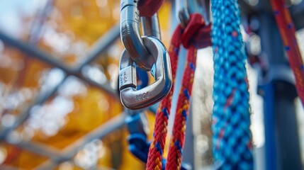 Climbing gear is visibly set up in a lively park filled with colorful trees during autumn. Metal carabiners, ropes, and safety equipment are prominently featured.