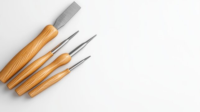 Collection of Woodworking Tools Including Chisel, V-tools, and Detailers on a Clean Workspace Background