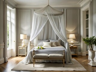 Candidly photographed: a grey bedroom, elegant interior with antique canopy bed and sheer curtains.