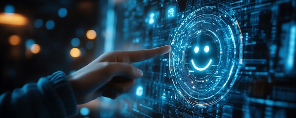 Fototapeta premium Customer satisfaction survey results, marketer touching happy review face icon, digital feedback analysis, glowing futuristic interface, ultraHD, cyberpunk aesthetic