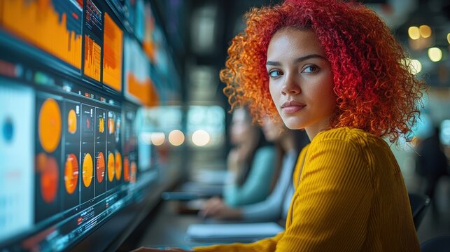 Woman analyzes data on large screens, colleagues in background, tech office