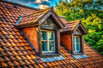 Charming attic dormer's roof tiles, rustic architectural detail, candid exterior house photo.