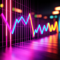 vibrant neon graph line in various colors, showcasing dynamic movement against dark background, evokes sense of energy and modernity