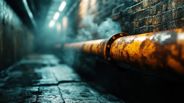cracked pipe leaking steam in dimly lit underground bunker creates mysterious atmosphere. rusty yellow pipe contrasts with dark, wet surroundings
