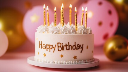 A minimalist white birthday cake with gold candles, happy birthday text, and star decorations against pink and gold balloons.