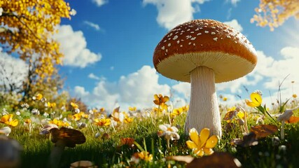 Vibrant mushroom stands tall in a field of colorful flowers under a clear blue sky during autumn