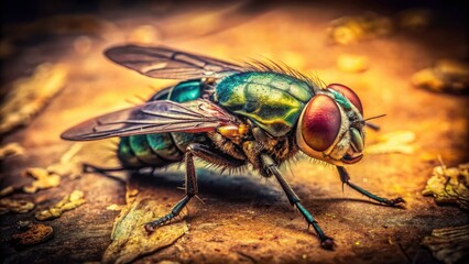 Fototapeta premium Close-up: a still life of a dead fly, aged photo style.